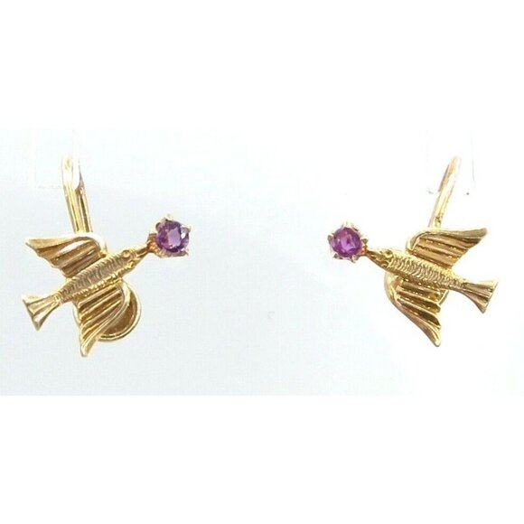 10k Yellow Gold Budlong Docherty Armstrong Pink Stone Bird Screw Back Earrings